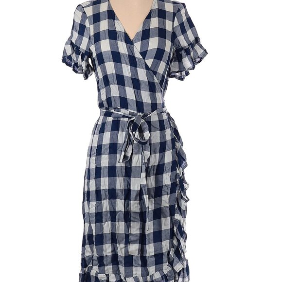 Amour Vert Blue Gingham Wrap Dress Ruffle Hem Midi - Picture 3 of 6